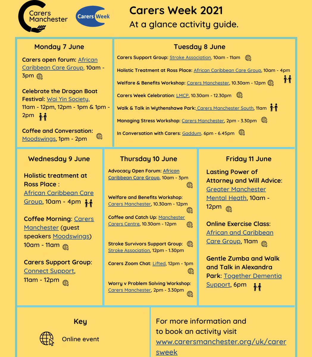 🫂💛✨ Carers Week is just over a week away and Carers Manchester <a href="/CarersMcr/">Carers Manchester</a> have lots of events to get involved in!
🫂💛🖱️ Check them all out below and visit carersmanchester.org.uk/carersweek to book onto a session <a href="/carersweek/">Carers Week</a> @ManchesterHCC #CarersWeek