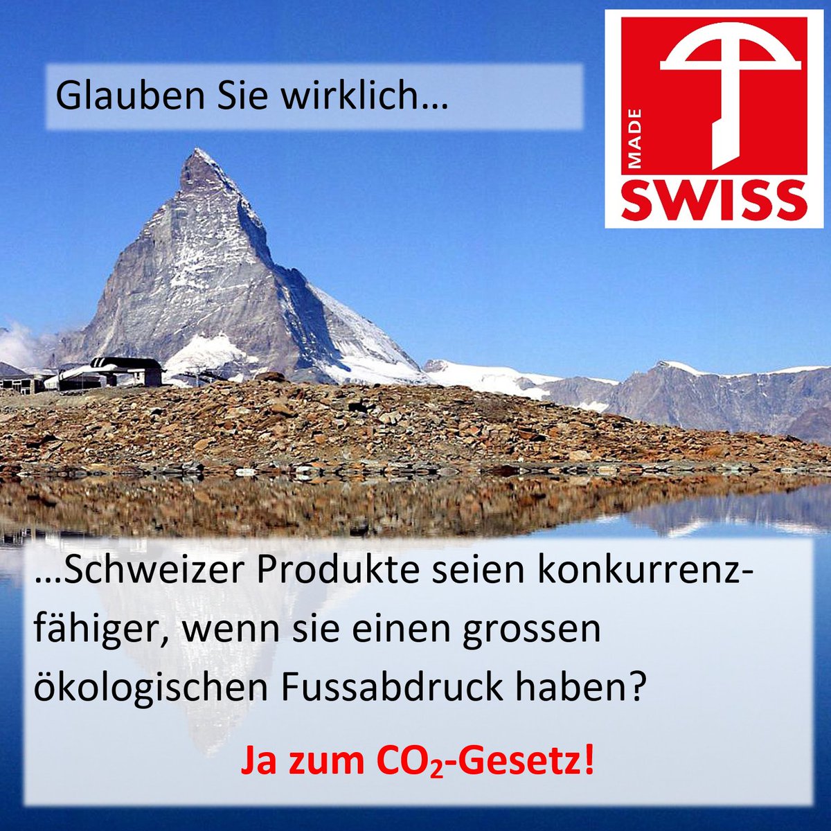 "Swiss Made" ist im Ausland bis zu 100% mehr Wert als Konkurrenzprodukte (lnkd.in/dB9d6WB). #CO2 wird zunehmend ein Kriterium bei der Auftragsvergabe (lnkd.in/dqsbSm2). Das CO2-Gesetz hilft uns, unseren guten Ruf weiter zu festigen. Die Lösungen sind alle da!