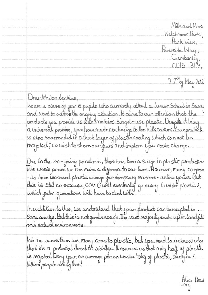mclimatechange's tweet photo. Year 6 noticed that the milk delivered to our school each day uses a considerable amount of single-use plastic. In English we wrote to @milk_and_more to implore them to make a change! #stopsingleuseplastic #makeachange #climatechange @GreenpeaceUK https://t.co/VAuLStbI26