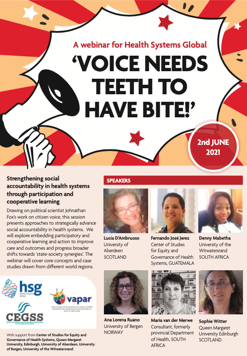 FORTHCOMING WEBINAR 2nd June ‘Voice Needs Teeth to Have Bite!’ Strengthening social accountability in health systems through participation & cooperative learning @CEGSSGuatemala @VAPARorg @H_S_Global Questions to the panel? Send to lucia.dambruoso@abdn.ac.uk by 1500 BST 1st Jun