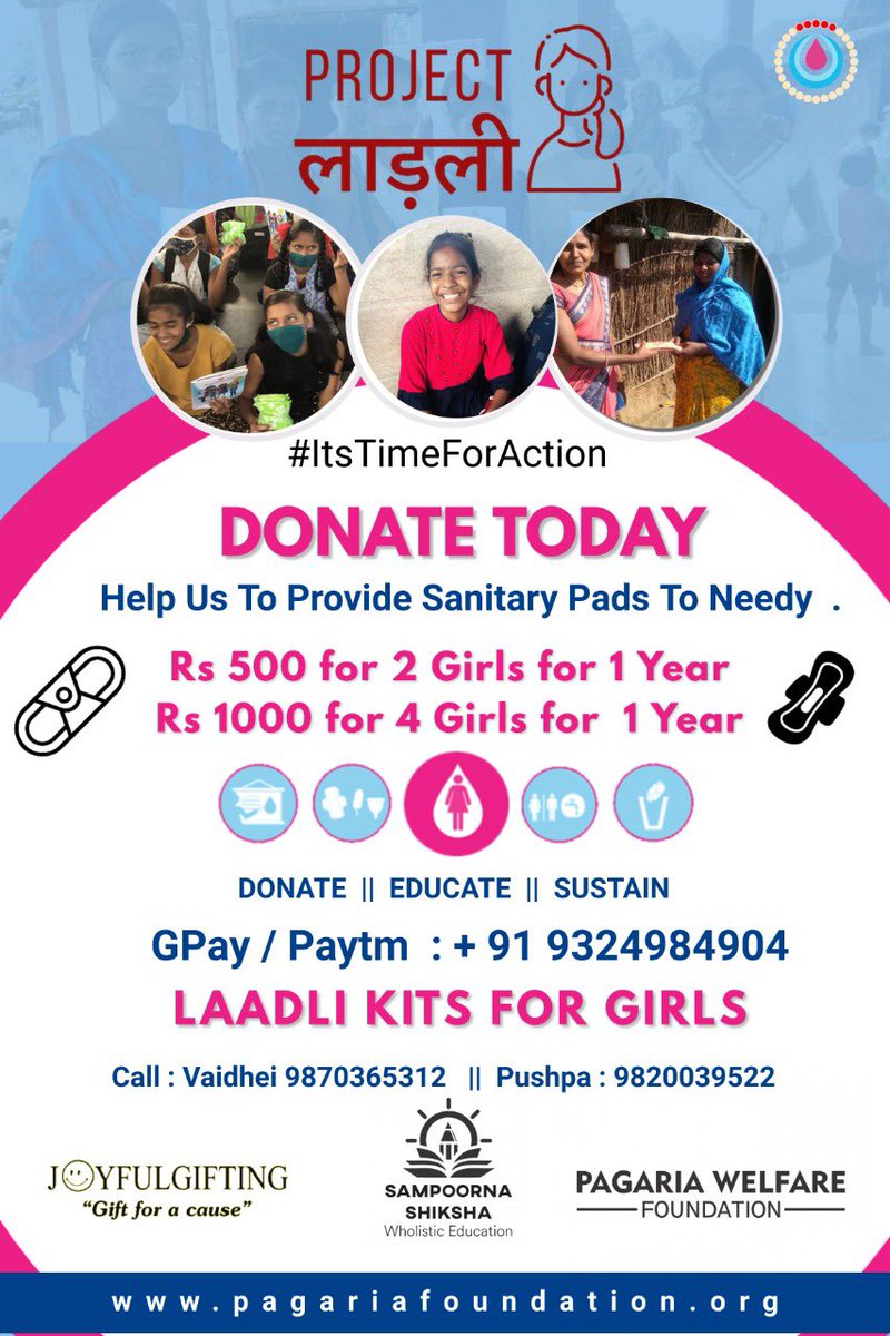 vaidhei's tweet photo. This #MenstrualHygieneDay2021 launching #projectlaadli an initiative by @pagariawf to distribute 100000 pads #sanitarypads #ItsTimeForAction #leefree #menstruation #UNICEF #Periods #padman #joyfulgifting #pagariagroup #charity #covidrelief #donate #UnitedNations #sdg #mahavari https://t.co/pGb9DJflNA