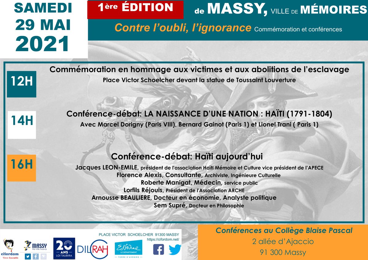 operateursdeme1's tweet photo. SAMEDI 29 MAI 2021⤵️
Commémoration et Conférences #Haïti
#Massyvilledememoire #Cifordom #APECE
-12h : Commémorations en hommage aux victimes et aux abolitions de l'esclavage
-14h : Conf-débat : La naissance d'une nation, Haïti (1791-1804)
-16h : Conf-débat : Haïti aujourd'hui https://t.co/SfriDIzzo8
