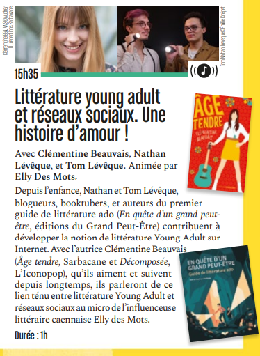 📌#EpoqueCaen | Littérature young adult et réseaux sociaux. Une histoire d'amour ! Retrouvez la rencontre animée par @ellydesmots de Clémentine Beauvais et de Nathan et Tom Levêque sur <a href="/radiotoucaen/">Radio TOU'CAEN</a> 
👉 Samedi 29 mai à 15h35 sur #YouTube  > urlz.fr/fLhh