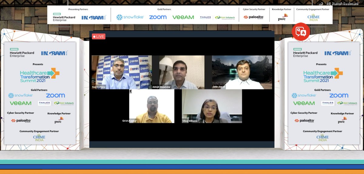 A loaded Panel with Viloo Williams, Head IT, <a href="/RFhospital/">Sir H. N. Reliance Foundation Hospital</a>, Saji Mathew, COO, <a href="/BabyMHospital/">Baby Memorial Hospital</a> Girish Koppar, GM IT, <a href="/WockhardtHosp/">Wockhardt Hospitals</a> Jatin Jagad, Regional Manager (West) SMB &amp; MM, <a href="/HPE_IN/">HPE India</a> and moderated by Abhijit Majumdar, Partner &amp; Leader <a href="/PwC_IN/">PwC India</a> at @DynamicCIO #HTS2021