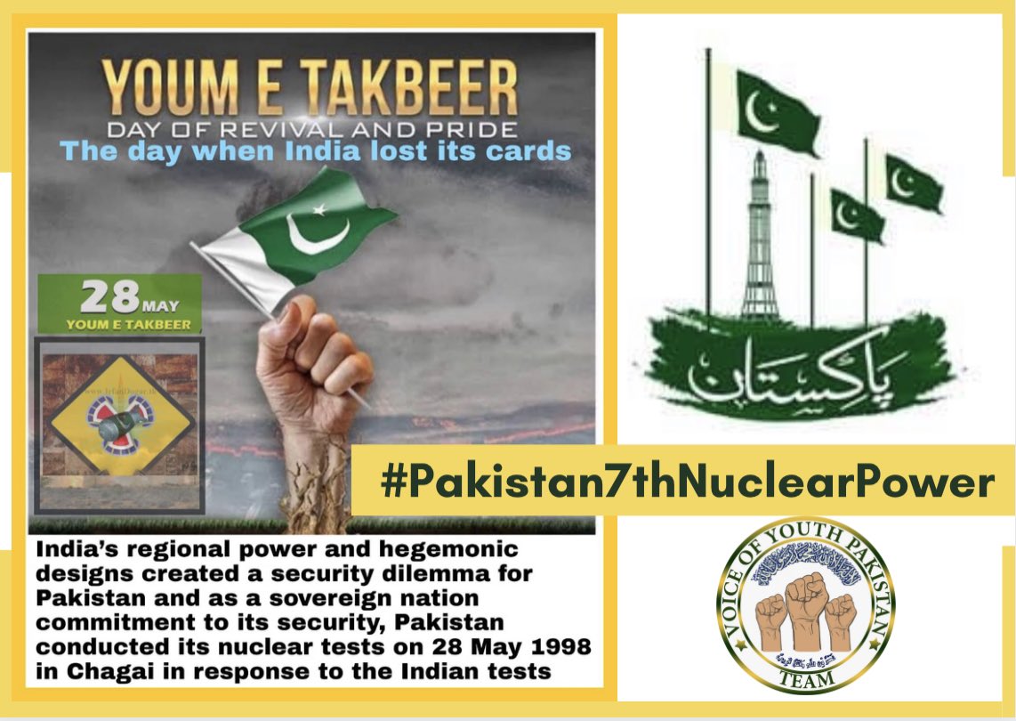 VOYP_Official's tweet photo. Dear Pakistanis!

Join us
👇
#Pakistan7thNuclearPower
Youme Takbeer is celebrated every year on May 28 across the country, 23 years have passed since Pakistan became a nuclear power and Pakistan became the first Islamic nuclear power in the world.
 @VOYP_Official https://t.co/BYQpzAehUu