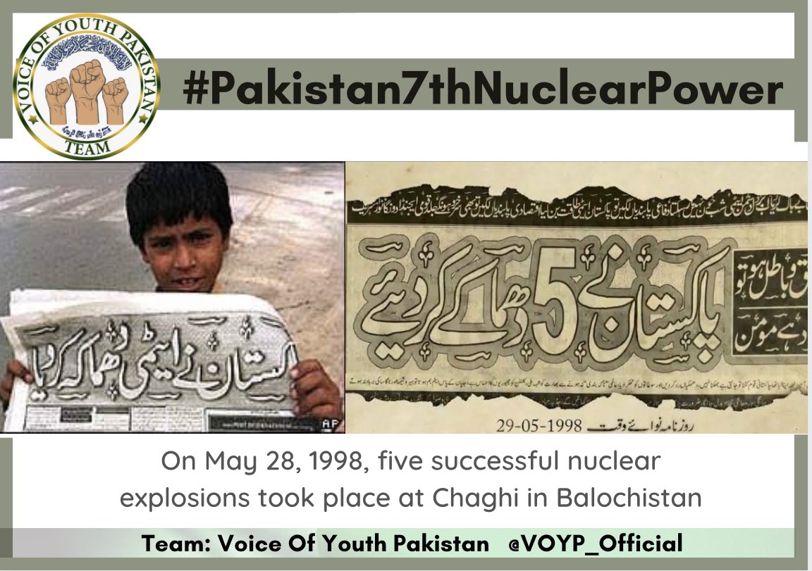 VOYP_Official's tweet photo. Dear Pakistanis!

Join us
👇
#Pakistan7thNuclearPower
Youme Takbeer is celebrated every year on May 28 across the country, 23 years have passed since Pakistan became a nuclear power and Pakistan became the first Islamic nuclear power in the world.
 @VOYP_Official https://t.co/BYQpzAehUu