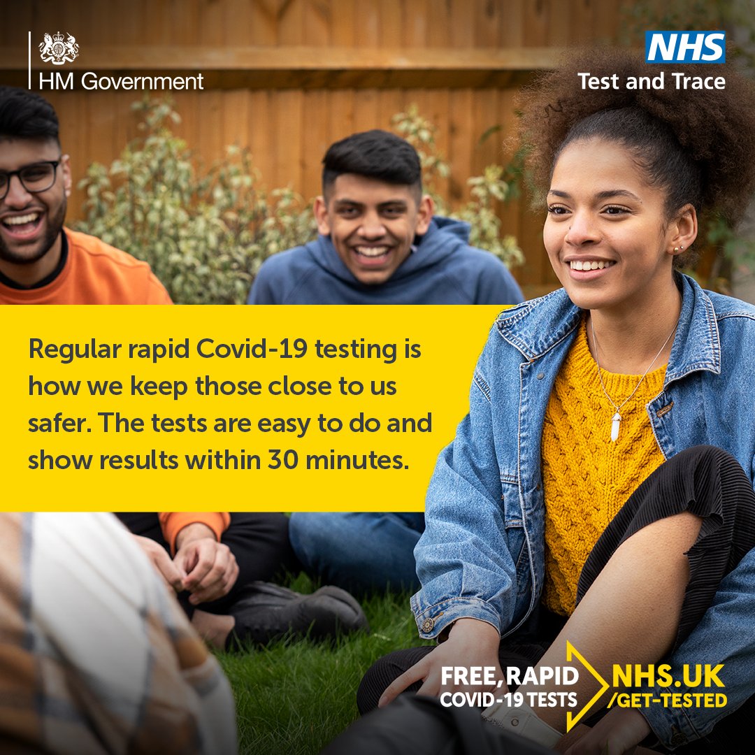 Free rapid #COVID19 testing is available to everyone in England. If you don't have symptoms, it's a fast and easy way to find out if you have the virus.

Regular testing will help us supress the spread of the virus and return to a more normal way of life.  orlo.uk/Nv4LI