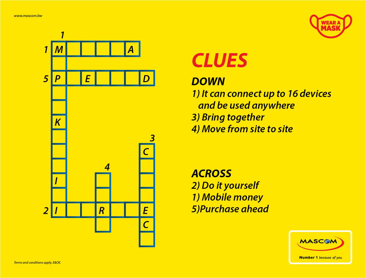 MascomWireless's tweet photo. Quiz Time!π€
Comment below to solve the crossword and win some airtime.π€³πΎ
Remember to use the hashtag, #MascomTrivia, to enter.
Winners will be chosen by random selection. #Number1BecauseOfYou https://t.co/ramH8P8RST