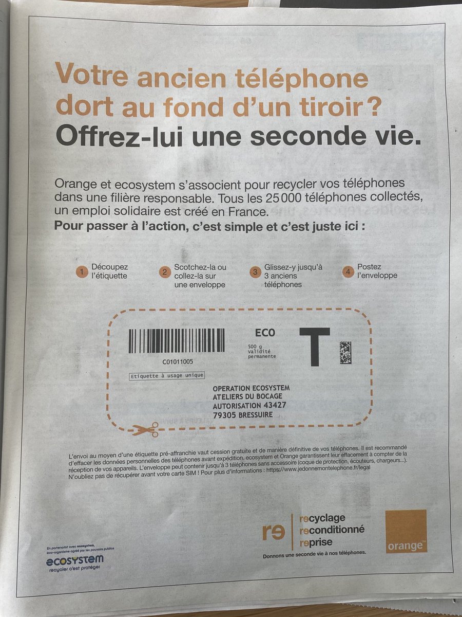 Découpez la page, scotchez, mettez vos vieux mobiles dans une enveloppe, ...
Je ne crois pas avoir déjà vu une page de pub aussi utile. Au sens propre. ⁦<a href="/Orange_France/">Orange France</a>⁩ #rse #recyclage