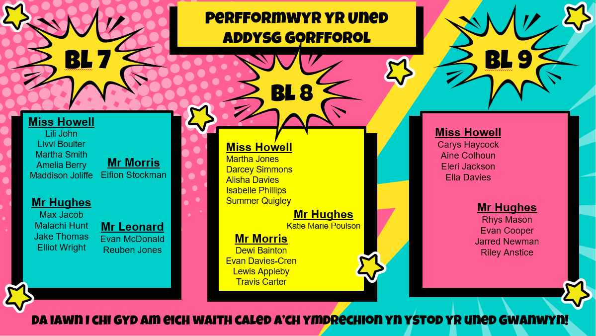 Yggaddgorff's tweet photo. Llongyfarchiadau i'r perfformwyr canlynol am eu ymroddiad a ymdrech yn Add Gorff y tymor yma!
#addgorff #ymdrech #dyfalbarhad ๐
@YsgolGwynllyw @MissRhJamesYGG @mrslewissaesneg @MrEvansbl7 https://t.co/5dcpkAerKL