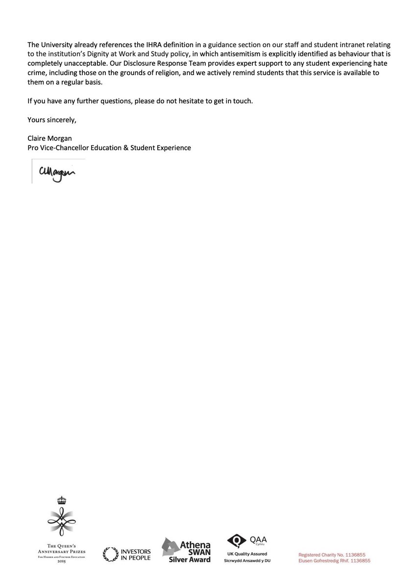 CardiffUniCons's tweet photo. Below is the response we’ve received from @cardiffuni regarding our request to adopt the IHRA definition of antisemitism. 

Its failure to adopt this is deeply concerning &amp; brings into question their ability to tackle the horrific abuse that students are exposed to. (1/2) https://t.co/RBC2CkfQYa