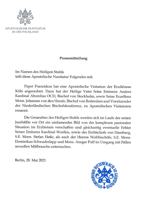 Die Erklärung der Apostolischen Nuntiatur zur Visitation im Erzbistum Köln. #pontifex_de #Erzbistum_Koeln