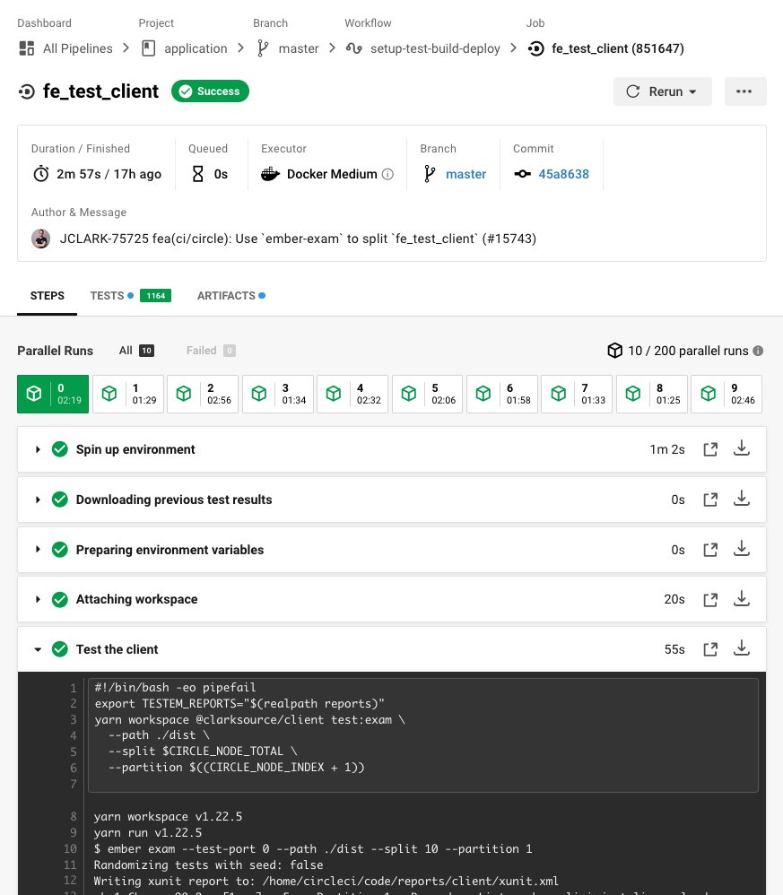 Big shout-out to the team behind ember-exam! Thanks to them we @ClarkGermany were able to more than *halve* our frontend CI run time.

Setting it up literally took less than half an hour.

github.com/ember-cli/embe…

<a href="/emberjs/">EmberJS</a> <a href="/embercli/">Ember CLI</a> #emberjs