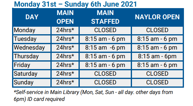 LibraryStMarys's tweet photo. From 31st May, our opening hours change: the Naylor Library will be closed at weekends, and the Main Library will be self-service at the weekend. This is also the case for Bank Holiday Monday (31st May). You need your ID card when at the Libraries at any time. https://t.co/KuoS5AJkj5