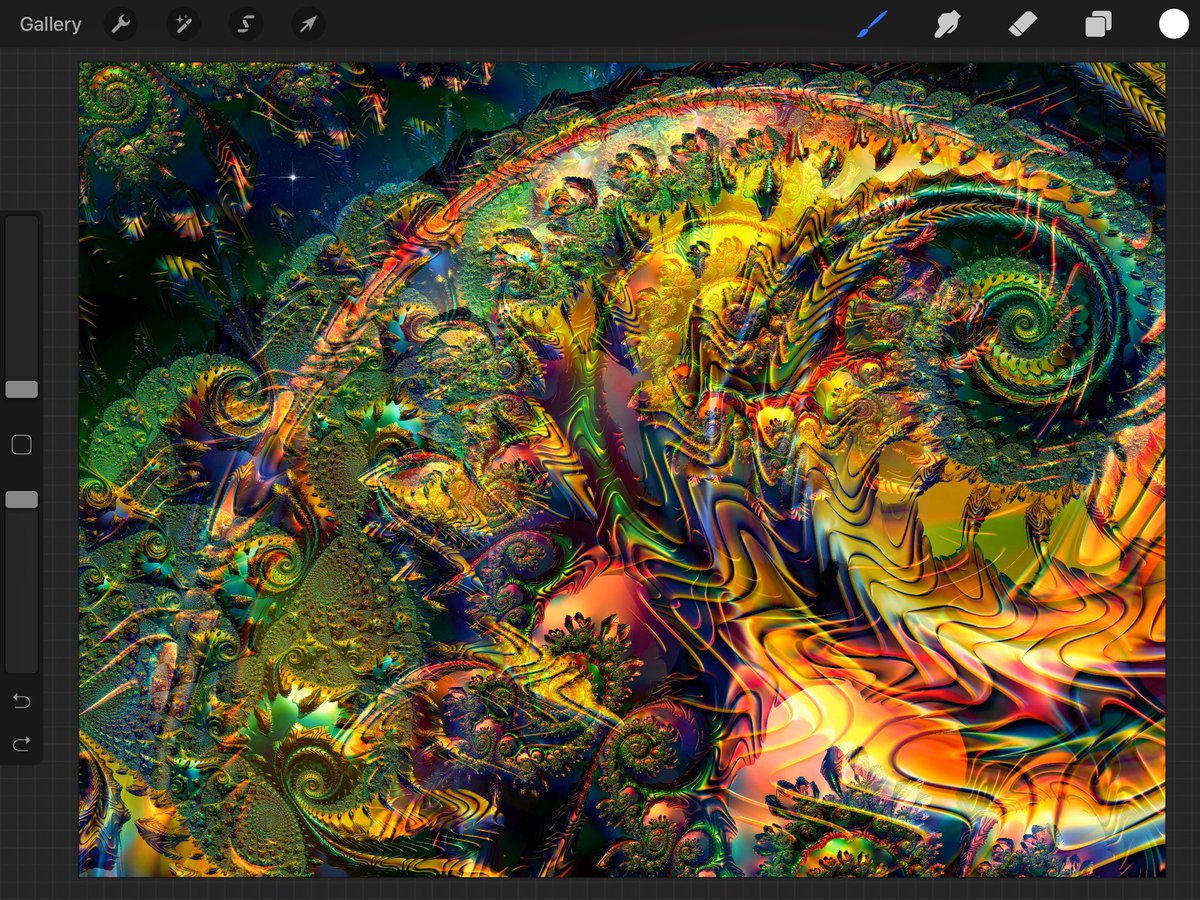 AncientFroggy's tweet photo. And so now the fun begins on my take of the “Lost City of Gold” ... the starry sky 🙈 This is going to take a while 🤪

Then the question becomes: should I “frogify” this? I feel like it needs a frog explorer, making its way through the dense fractal jungle and valleys ...🤔 https://t.co/I3dZ65z9gO