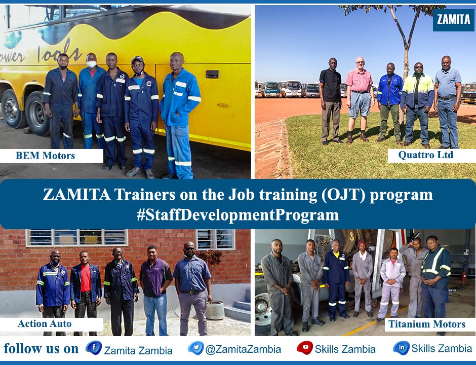 ZamitaZambia's tweet photo. Four Paired #ZAMITA trainers successfully complete the two week on the job training (OJT) program at various leading companies in the Automotive industry in Zambia; Action Auto, BEM Motors, Quattro Ltd & Titanium Motors.
#StaffDevelopmentProgram ends today.
#SDG4 #SDG9 https://t.co/aNYmy6WE3Z