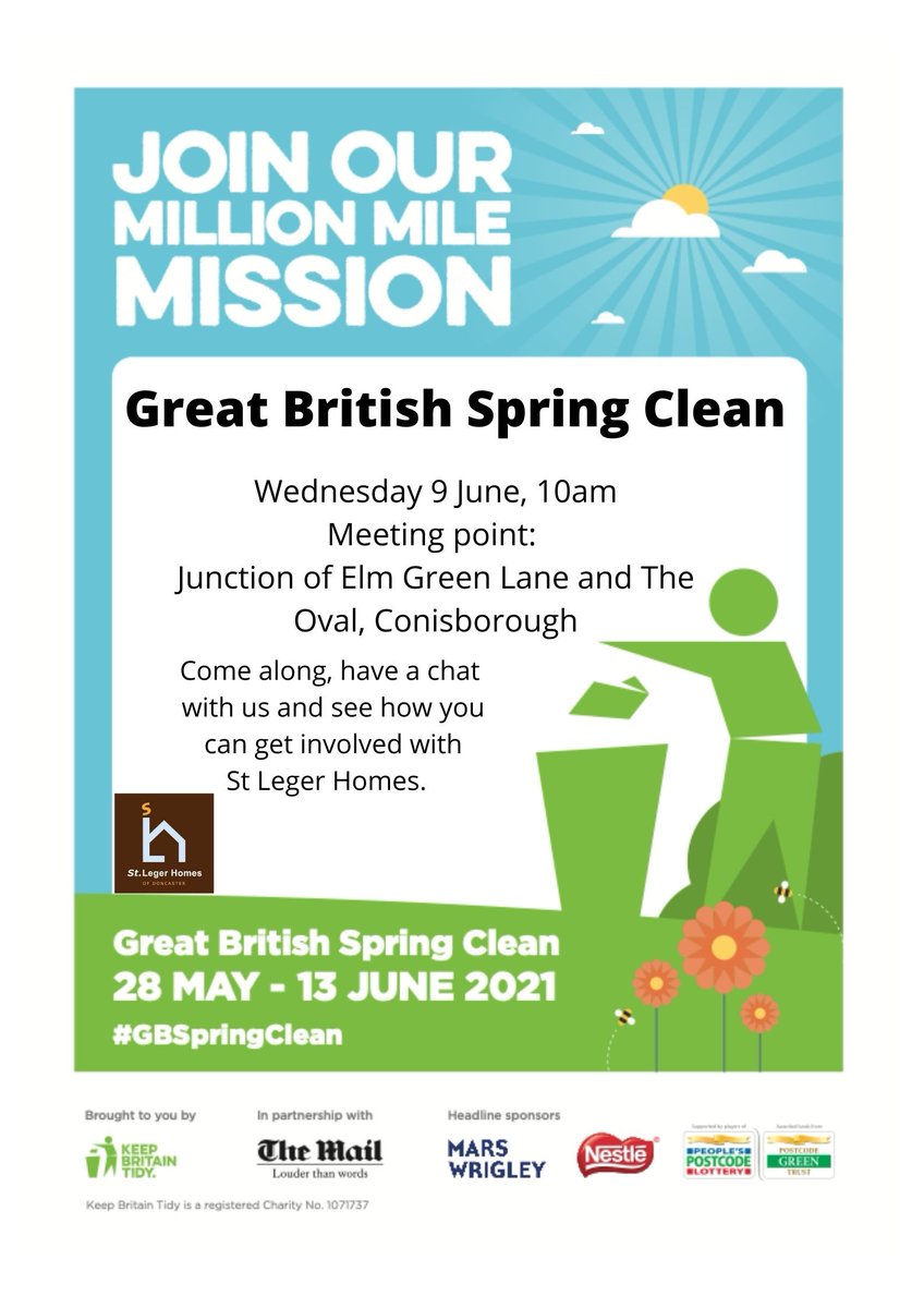 #Rossington #Stainforth #Conisborough

We are going to be out and about on your estates as part of the #GBSpringClean to help keep our communities looking their best! Why not come and join us for a socially distanced tidy up? 

<a href="/KeepBritainTidy/">Keep Britain Tidy</a>