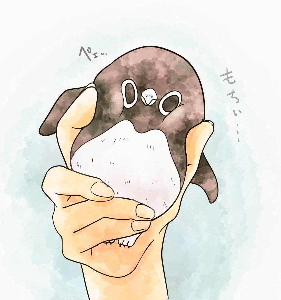「【にぎにぎ】
小さいサイズのアデリーペンギン。にぎると手の疲れが取れるらしい。
」|おぞね🐧ペンギン漫画連載中のイラスト