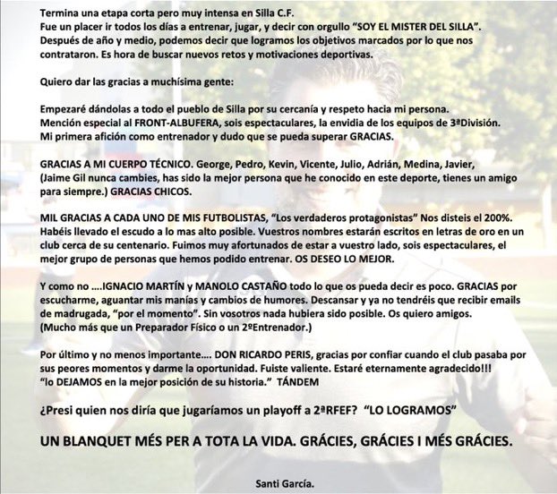 🤍📄 El nostre GRAN mister <a href="/S_GarciaC/">Santiago García</a> ha volgut acomiadar-se de tots vosaltres després d'un any i mig intens però inoblidable 🤍🔝

✅ Com bé diu <a href="/S_GarciaC/">Santiago García</a>, amb Ricardo Peris: TANDEM històric perfecte‼️ Temporada 2020/21

“Uno di noi” ➕ “Un blanquet, ➕” 

GRÀCIES, SANTI❗️🤍