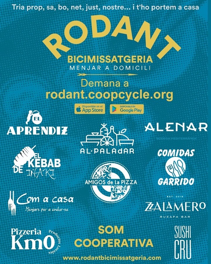 RodantCoop's tweet photo. Demana la teua comanda amb RODANT!!!

Tenim: Alenar, Sushi Cru, Amigos de la Pizza, Pizzería KM0, Com a casa, Comidas Garrido i Al-Paladar!!! Fins les 16:00h. Demana ja!

#Delivery #Rodant #Food #Valencia #Eco #DemanaCooperativa #Coopcycle https://t.co/pulsM0cnxM