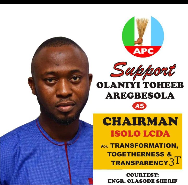 OfficialOlasode's tweet photo. The 3T agenda is here to elevate the good peolel of #IsoloLCDA to the next phase and transform the council area for the betterment of the people.
Vote @OlaniyiAregbeso as Chairman for the realistic 3T.

#apc #isolo #localgov #lagoswest https://t.co/JTsfOGx1Uf