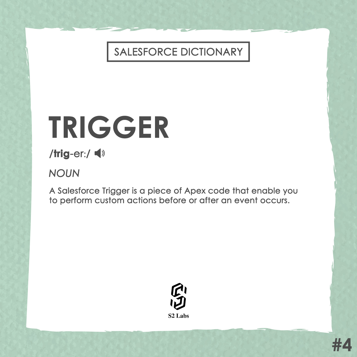 s2_labs's tweet image. A #Trigger is an #ApexScript that executes before or after data manipulation language  events occur.

It is used to perform tasks that can’t be done by using the point-and-click tools in the Salesforce user interface.

#salesforce #dictionary #salesforceterms
