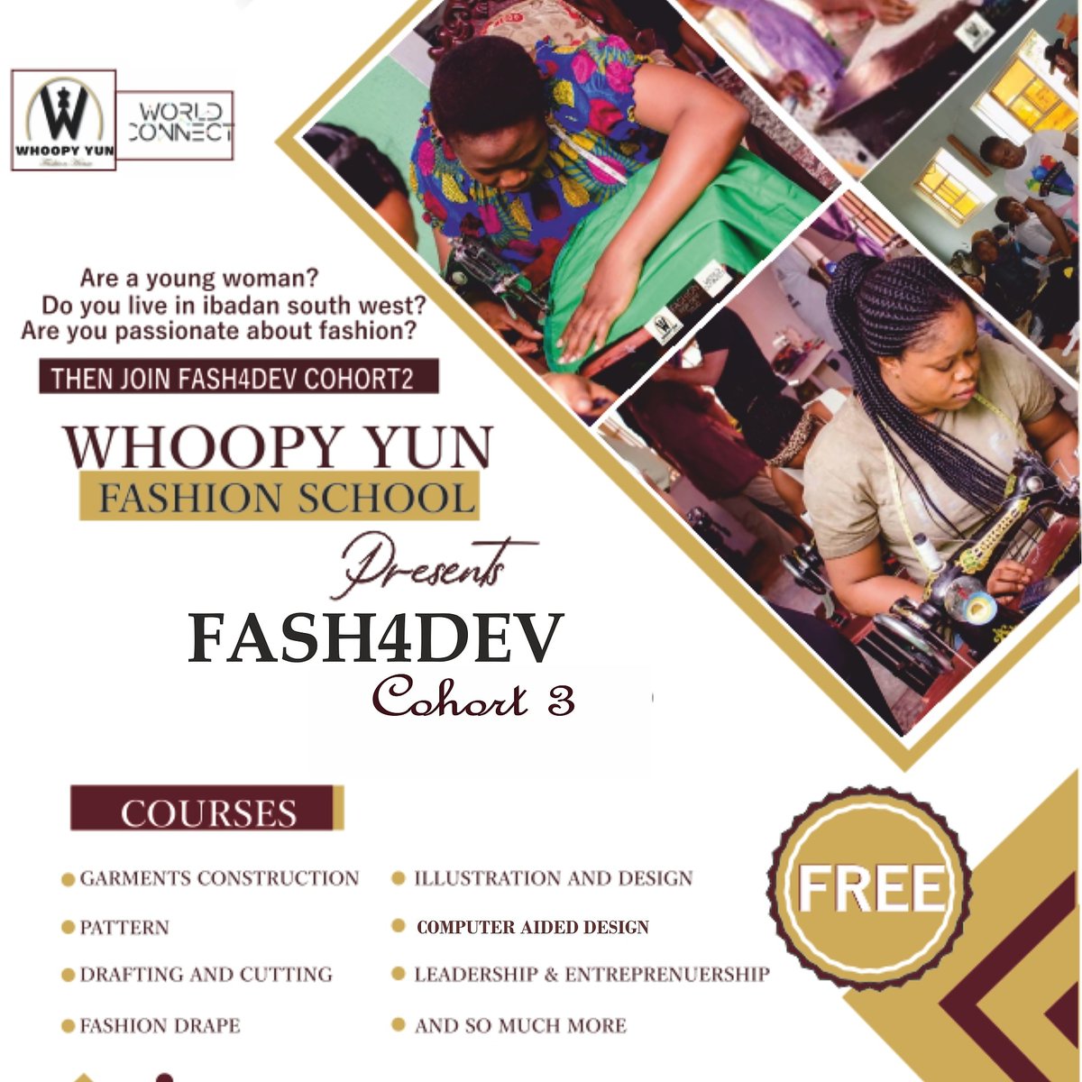 whoopyyun1's tweet photo. Registration is still on for fash4dev cohort 3, proudly sponsored by @WorldConnectUS and @whoopyyun1 .
Apply here ππππ
https://t.co/ltStGl1sH0
#whoopyyunfashionschool #fash4dev #worldconnect #ibadan #freetraining https://t.co/x2aaQRO2AW
