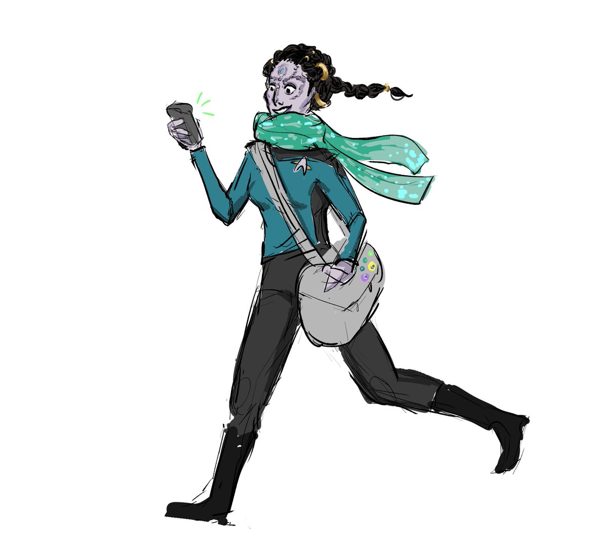 lieutenant jg maezal eldok, science officer on the uss petreedesh! her mothers were political dissidents who fled cardassia, so maezal grew up in the federation. she loves to lie for fun. she is pretty nice. she is gay. she loves to eat meat. she thinks this starship is too cold.