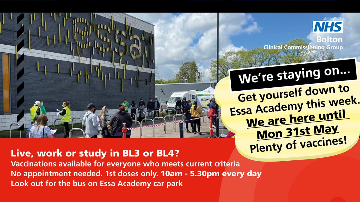 The vaccination bus is at Essa Academy every day up to and including 31st May from 10am-5.30pm for those living, working, or studying in BL1, BL3 or BL4 and aged 30 and over or aged 16 and over and in a high-risk category. If in doubt come along for a chat.