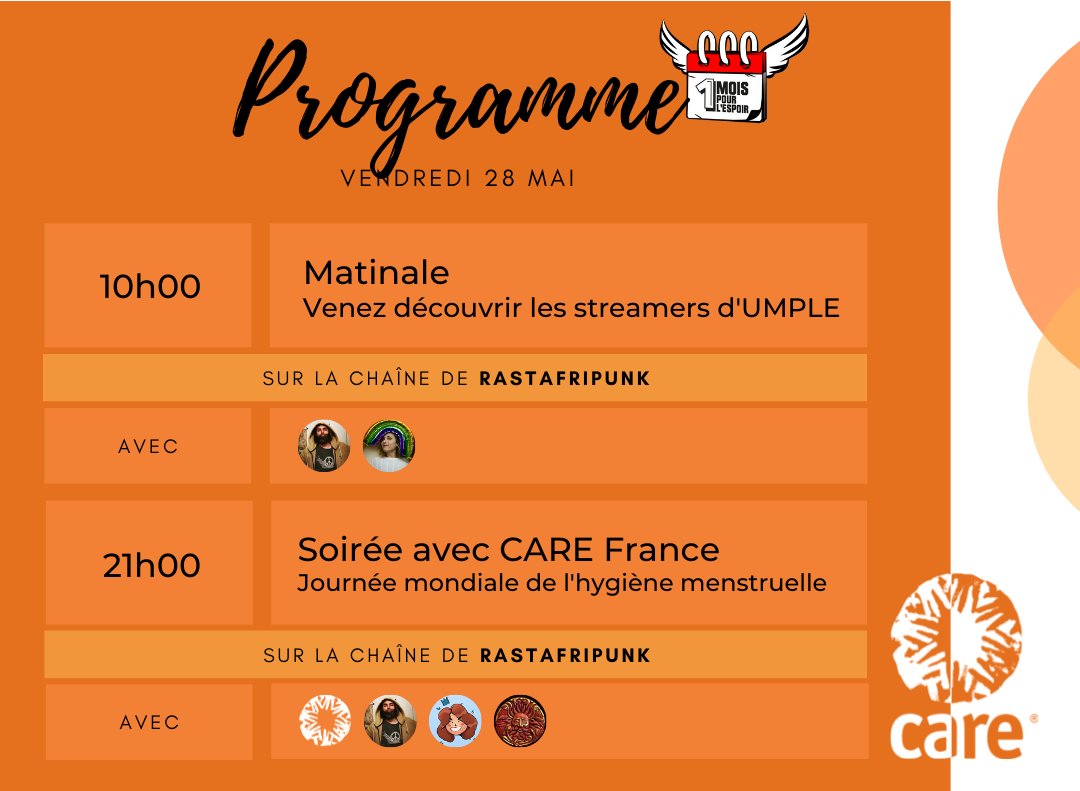 usple_'s tweet photo. PROGRAMME DU JOUR !
- #Matinale à 10h avec @meliceorlane
- Soirée discussion avec @CAREfrance à 21h, sur le thème de l'hygiène menstruelle !
#umple #carefrance https://t.co/XGYcMScVdq