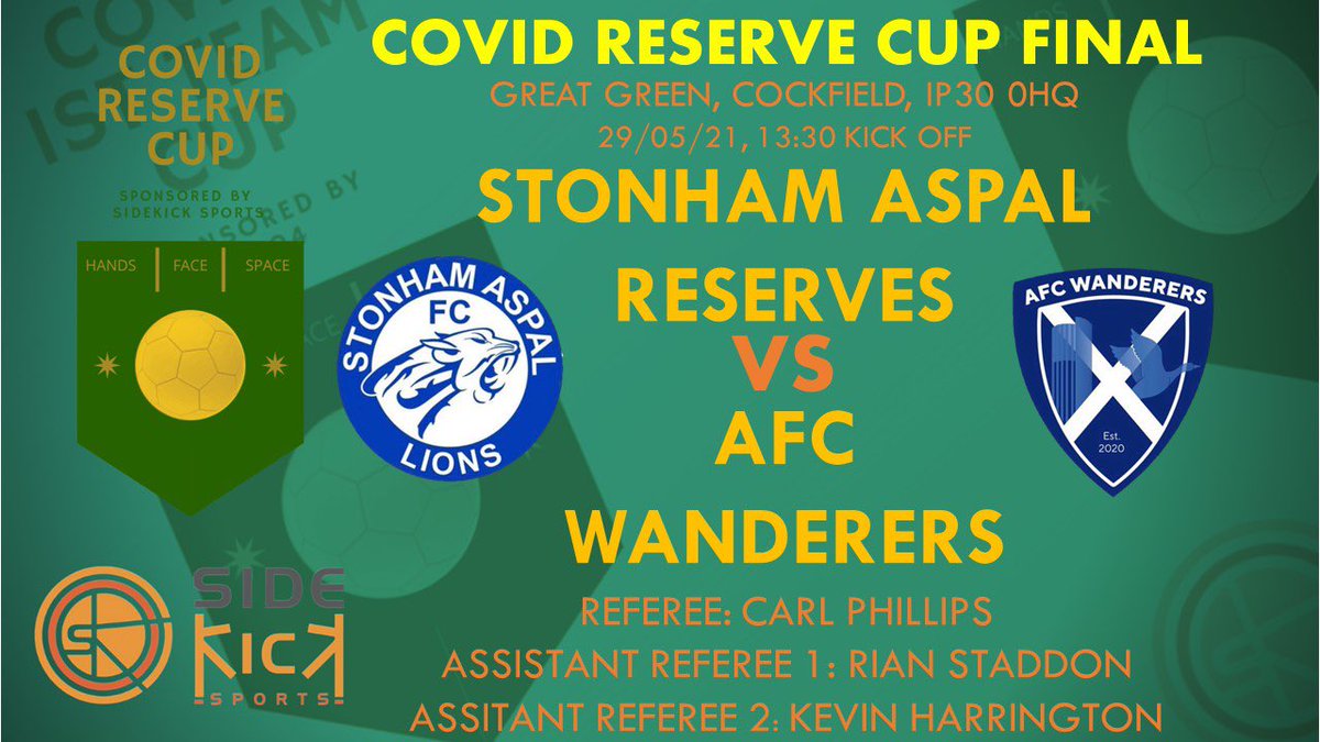 covid_cup's tweet photo. COVID RESERVE CUP FINAL sponsored by @sidekick4sports 

@Stonhamres v @_IWFC (AFC)

1.30pm KO

Great Green, Cockfield

#CovidCup https://t.co/JJR4TF2X2L