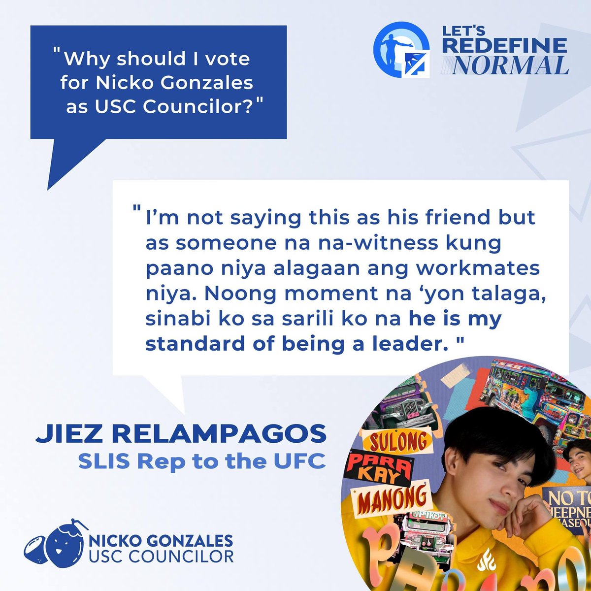 nickogonzales_'s tweet photo. "I never met Nicko in person, but I admire his ideas and skills. Having him sa first council ko, he has done remarkable things not just for me, his friends, but pati sa lahat. Personally ha, he would always make me feel comfortable and magfocus sa goals kapag kausap sโya.โ https://t.co/tWUrcjuVwP