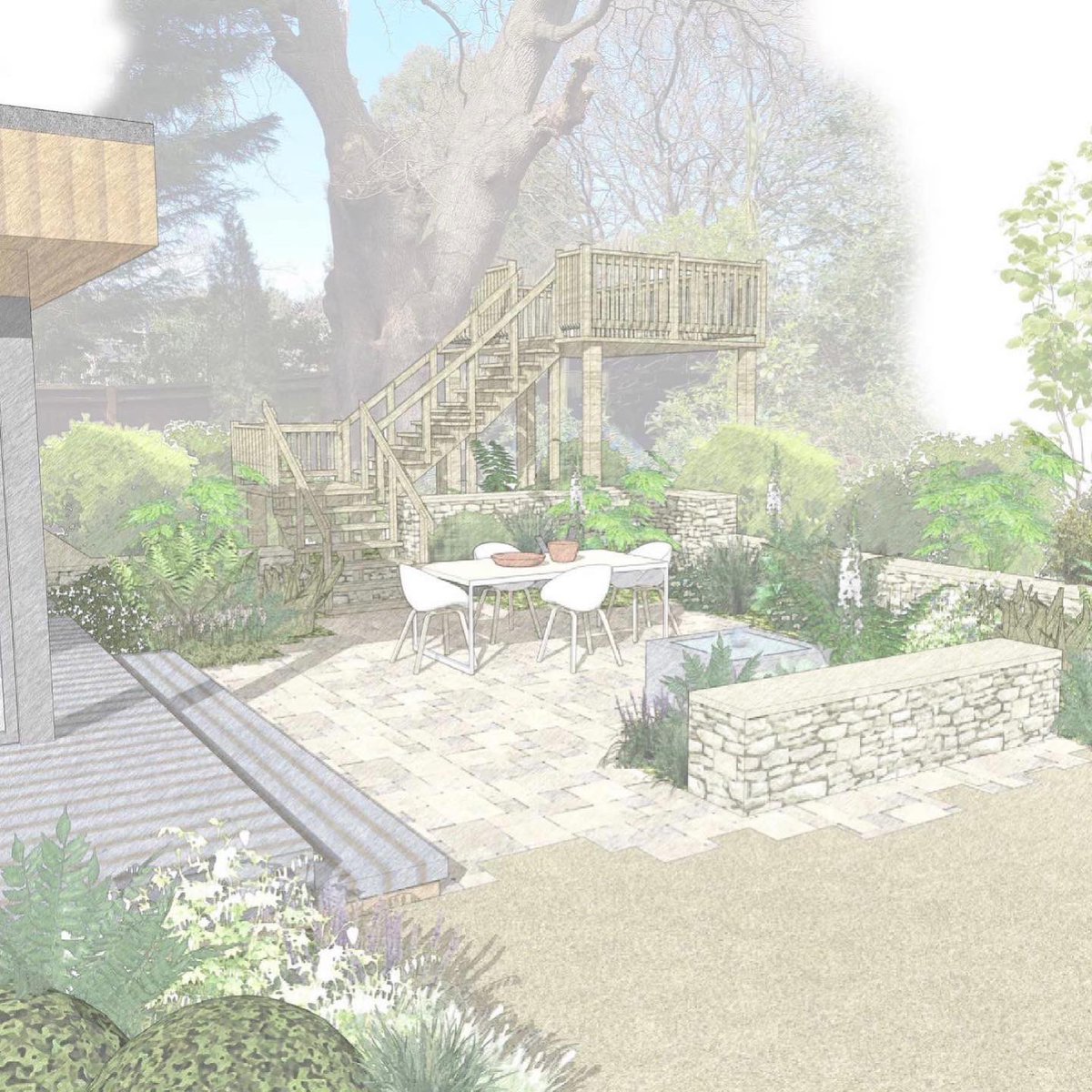 AdamRQuick's tweet photo. Current brief is for a tree-house, ‘no lawn’, woodland-themed garden in Ealing which includes a tree deck and sunken fire pit seating area #gardendesign #plantingdesign #landscapedesign #ealinggardendesign #londongardendesign #treehouses #woodlandgarden #woodlandgardendesign https://t.co/THX99Lf16w