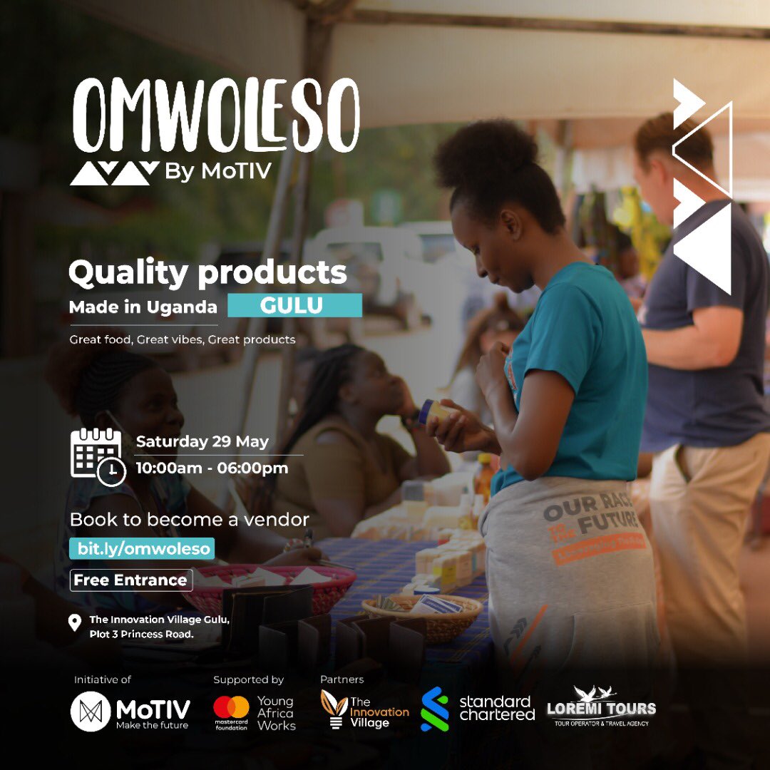 Twonjex's tweet photo. Are you in Kampala, Jinja or Gulu and interested in products made in Uganda🇺🇬? #Omwoleso by @MotivUG is the event for you. Tomorrow, 29th May, lots of Ugandans will be showcasing products made in Uganda by Ugandans.
#Omwolesoisavibe https://t.co/P0Gyzo1pRV