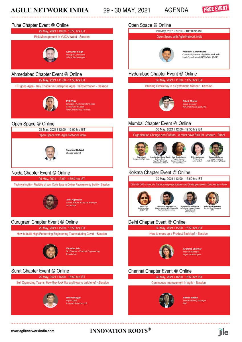 Here we bring the updated Agenda for Agile Network India May 2021 events featuring amazing session talks, panel discussions and open spaces. Are you ready for 2 days full of learning and sharing? Register at agilenetworkindia.com. The registration will close at 8 PM tonight.