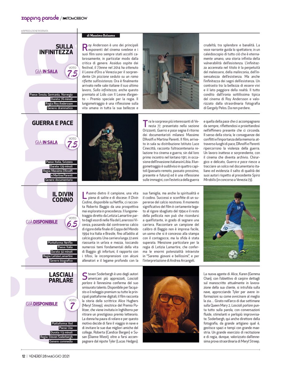 Massimo_Balss's tweet photo. Tra sala e piattaforme, le novità di questa settimana su Mi-Tomorrow: #SullaInfinitezza, #Guerraepace, #IlDivinCodino e #LascialiParlare
#cinema #movies #film #28maggio https://t.co/lI1Ma90UXr