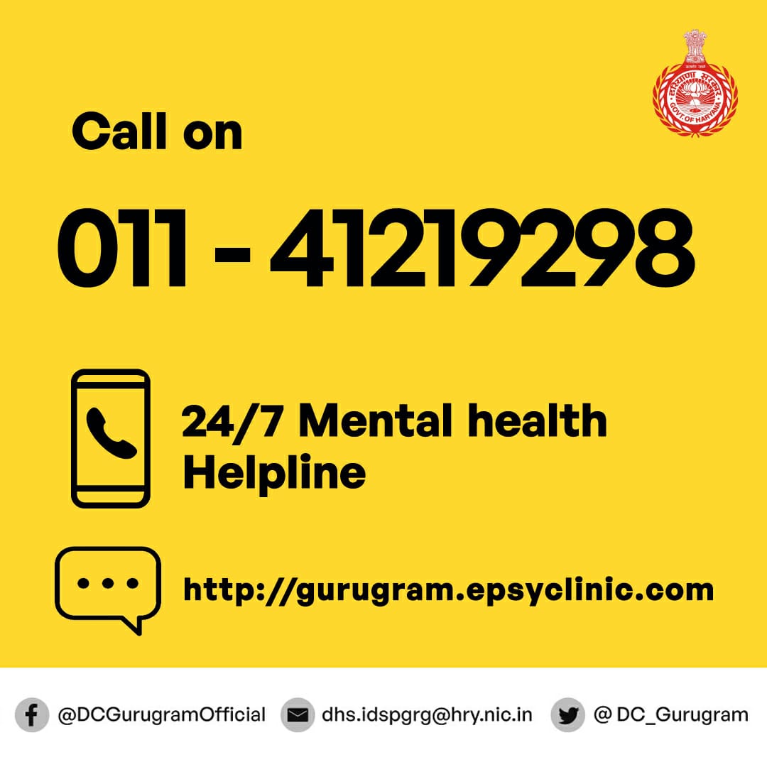 📞 011-41219298 or log onto gurugram.epsyclinic.com to seek free of cost support 24x7 from psychologists <a href="/TheIwillApp/">IWill and ePsyClinic</a>

#MentalHealthMatters #TogetherWeCan