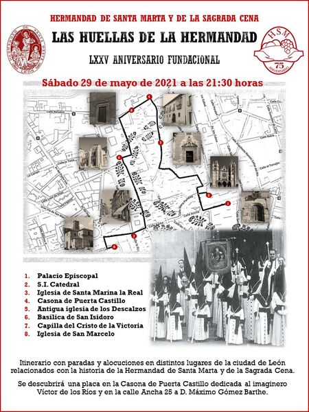 amlacena's tweet photo. COMUNICADO OFICIAL: Mañana sábado, 29 de mayo a las 21,30 acompañaremos a nuestra querida @HSM_Leon en el acto "Las huellas de la hermandad" que recorrera un itinerario desvelando diversos aspectos de la misma por el centro de #leonesp. Más detalles en: https://t.co/raeNyNIpz2 https://t.co/3HWvJqc47p
