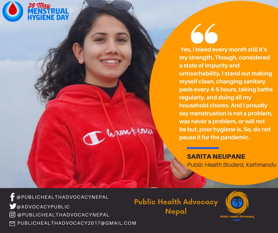 AdvocacyPublic's tweet photo. We celebrate menstrual hygiene day to break taboos surrounding menstruation and raise awareness of good menstrual hygiene practices worldwide.  
#MHDay28May #MHDay2021 
#menstrualhygieneweek2021  
#PublicHealthAdvocacyNepal 
#PHAnepal 
#PeriodsInPandemic 
#ItsTimeForAction https://t.co/3O315WIcD6