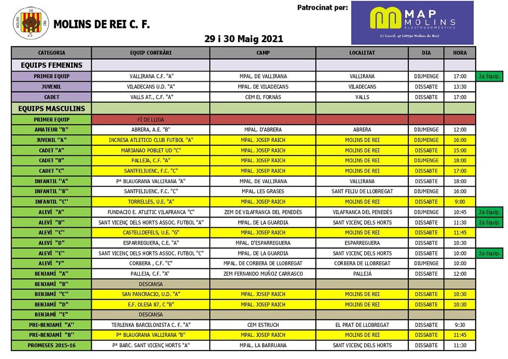 molinscf's tweet photo. #CalendariPartits |
✔️Amb el patrocini de MAP MOLINS
⠀
📅29-30 maig
⚽Que rodi la pilota!
ℹ️Tots els partits com a locals oberts al públic seguint l'actual protocol
⠀
#orgullmolinenc #molinsderei #molinsdereicf #molinscf https://t.co/Trd27vK3l0
