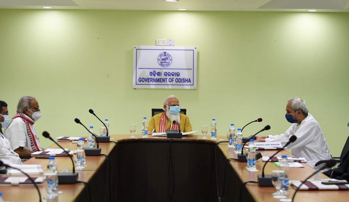 PM <a href="/narendramodi/">Narendra Modi</a>, <a href="/GovernorOdisha/">Governor Odisha</a>, CM <a href="/Naveen_Odisha/">Naveen Patnaik</a>, Ministers <a href="/dpradhanbjp/">Dharmendra Pradhan</a> and <a href="/pcsarangi/">Pratap Chandra Sarangi</a> attending a review meeting on the prevailing situation due to Cyclone Yaas.