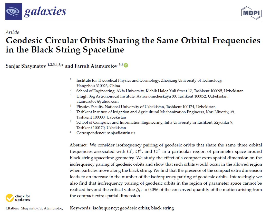 Galaxies_MDPI's tweet photo. #CallforReading #mdpigalaxies
New Publication: Geodesic Circular Orbits Sharing the Same Orbital Frequencies in the Black String Spacetime
https://t.co/nVnzBUDt5X
#isofrequency #geodesicorbits #blackstring
🙌A Best Paper Award (500 CHF) in this special issue, join us! https://t.co/YlJ9PiLqGj