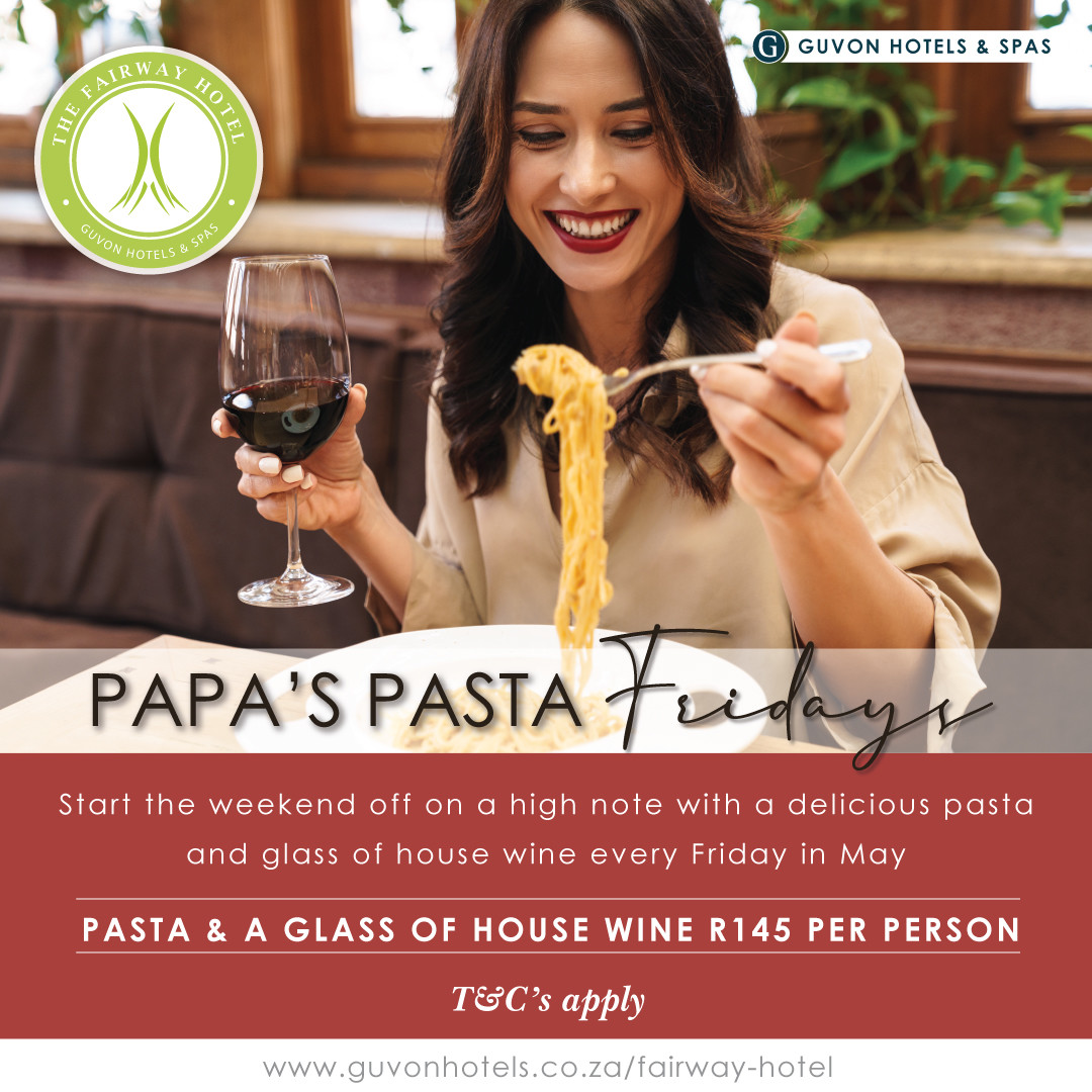 Tonight is the last chance to go enjoy #TheFairwayHotel PAPA’S PASTA FRIDAYS

Start the weekend off on a high note with a delicious pasta and a glass of house wine.

ONLY R145 PP
bit.ly/3foTtNu

Book now:
011 478 8000 | reservations@thefairway.co.za

#FridayInRandburg