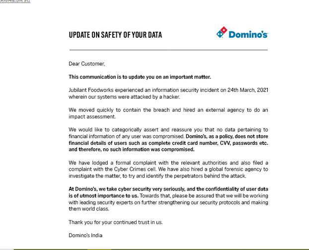Monali2177's tweet photo. #dominos #databreached
Wow ..The incident in March and reporting in May ....
#Data published by the hacker shows information about people’s phone numbers, email addresses, as well as addresses to which they ordered pizza. #cybersecurity https://t.co/EB7wkTC80V