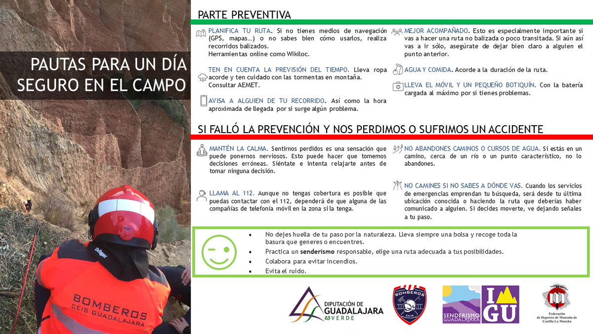 🚵‍♀️Si vas a salir al campo toma nota de estos consejos de nuestros bomberos <a href="/CEISGuadalajara/">CEIS Guadalajara</a> para una práctica segura y responsable de deportes de naturaleza y aventura

🧐Todo es importante, desde saber qué tiempo va a hacer hasta el vestuario y el avituallamiento