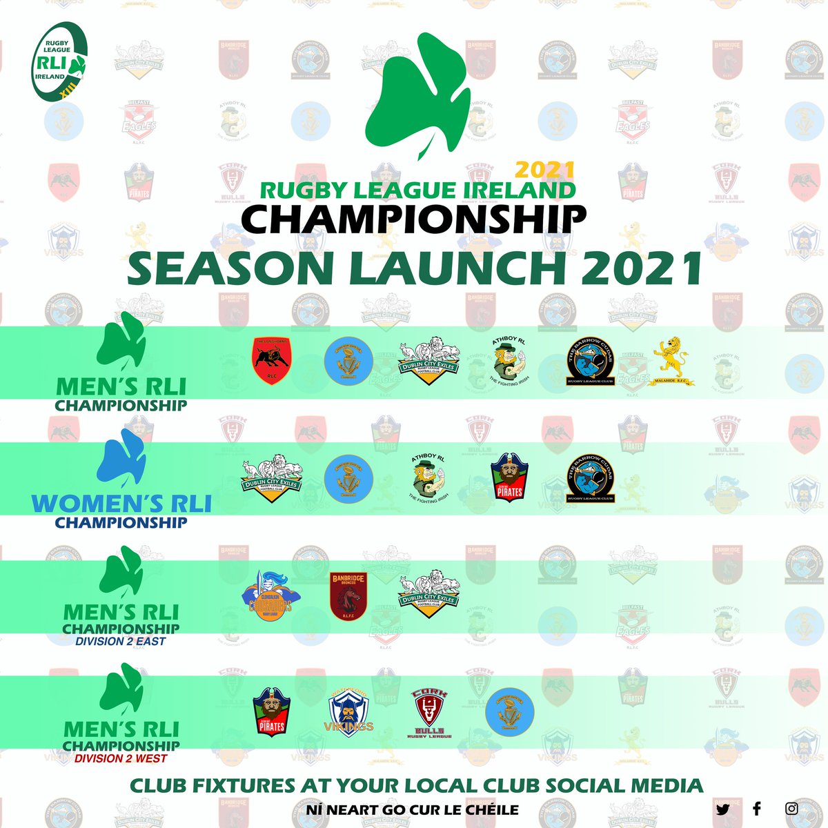 Rugby League is back 😏. We are excited to announce the RLI Championship is starting on the 19 June 2021. Fixtures will be posted on your local clubs social media so get following 😍. Can't wait to see you all back playing our amazing sport.
• Ní neart go cur le chéile ☘️🇮🇪