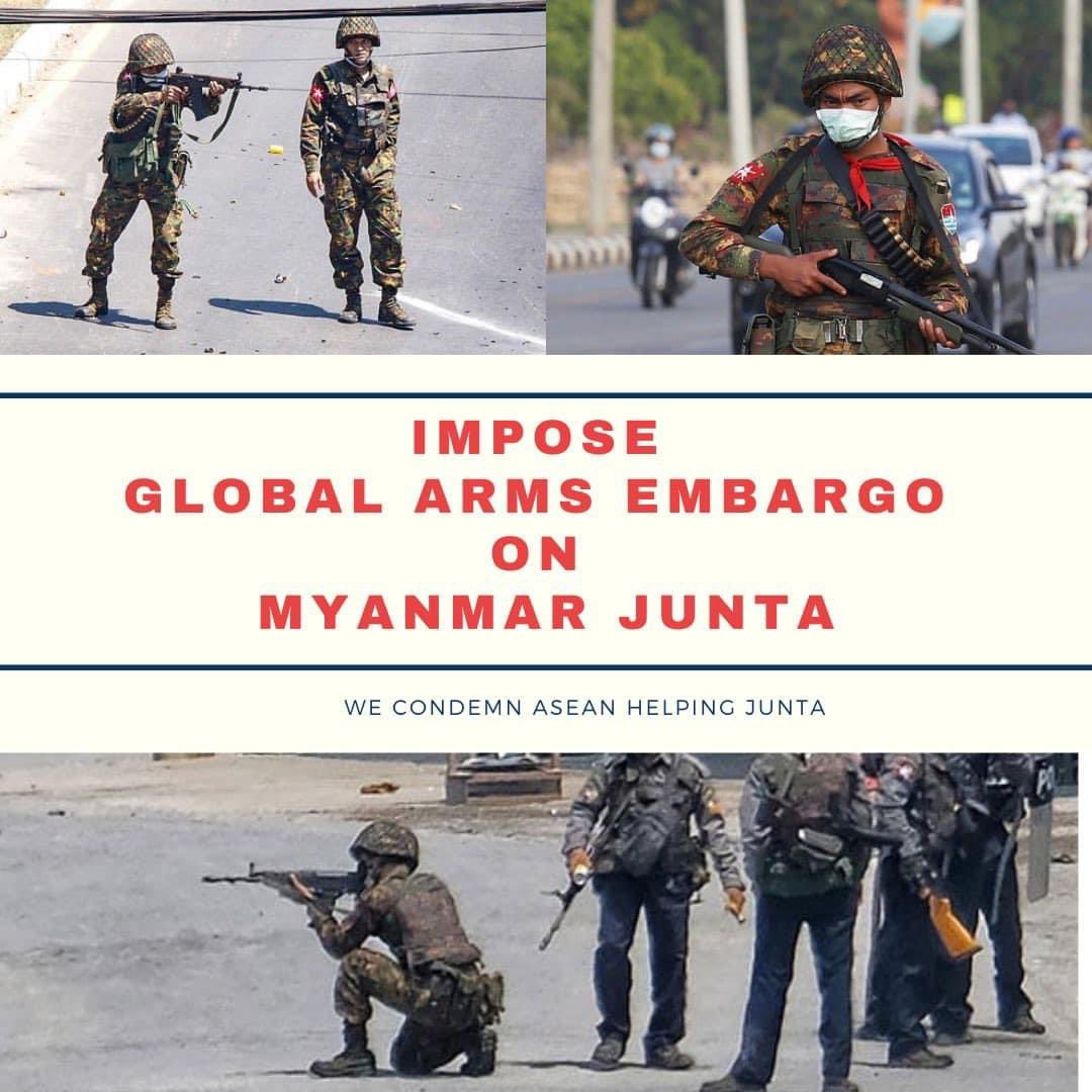 Hlaing1Yu's tweet photo. Such an absurd move of ASEAN to propose removing #GlobalArmsEmbargo from UN Resolution on Junta. They want to be an accomplice in Junta’s crimes who killed 831 innocent lives!  #WhatsHappeningInMyanmar #ASEANrejectSAC #ASEANimposeJuntaEmbargo https://t.co/yAeNYpurOl https://t.co/yK0GXkk9Wk