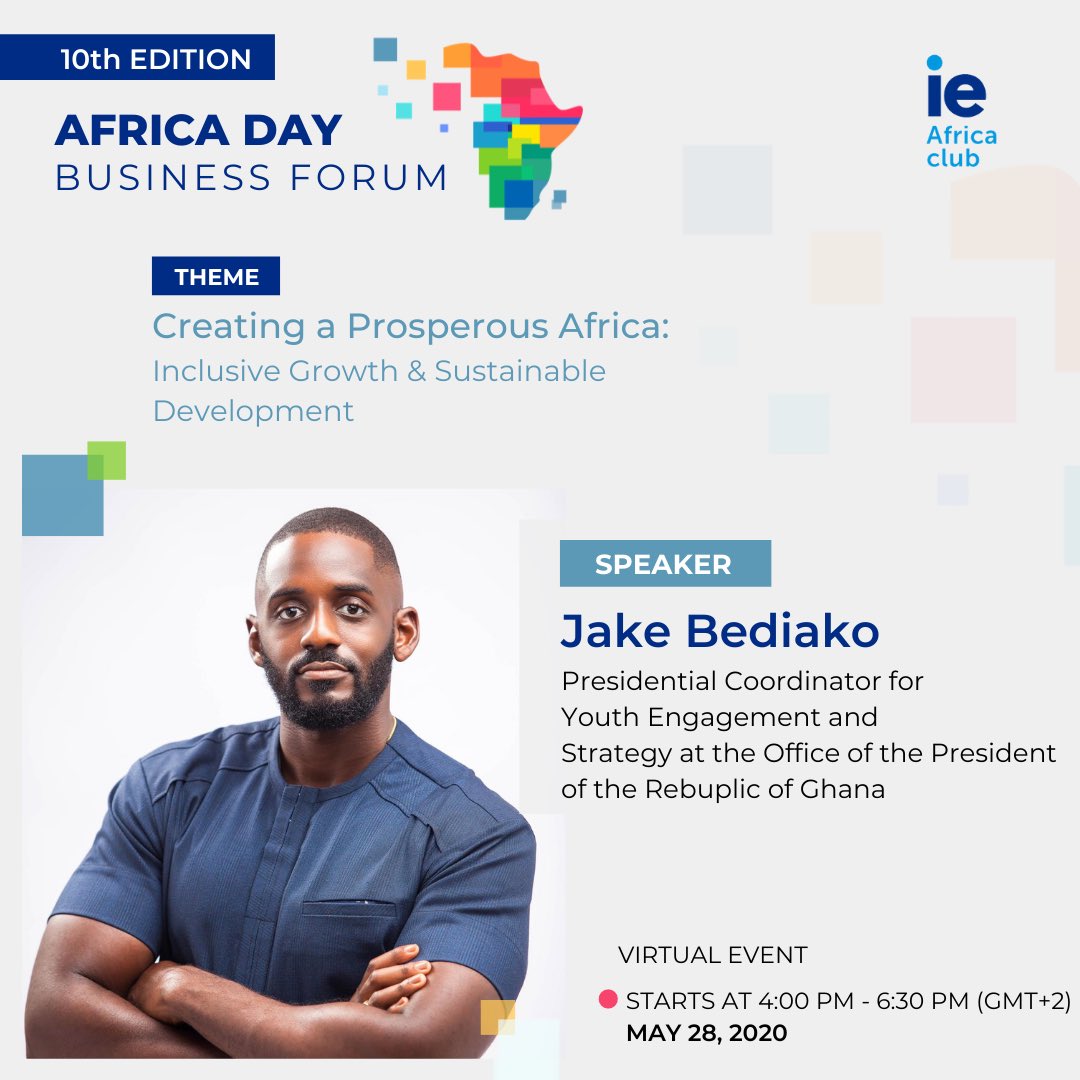 JakeBediako's tweet photo. Very pleased to be joining the IE Africa Club for the 10th Edition of their Africa Day Business Forum. 

Link to join: https://t.co/vTbrcdSNi2 https://t.co/Lr7r3DKZEN