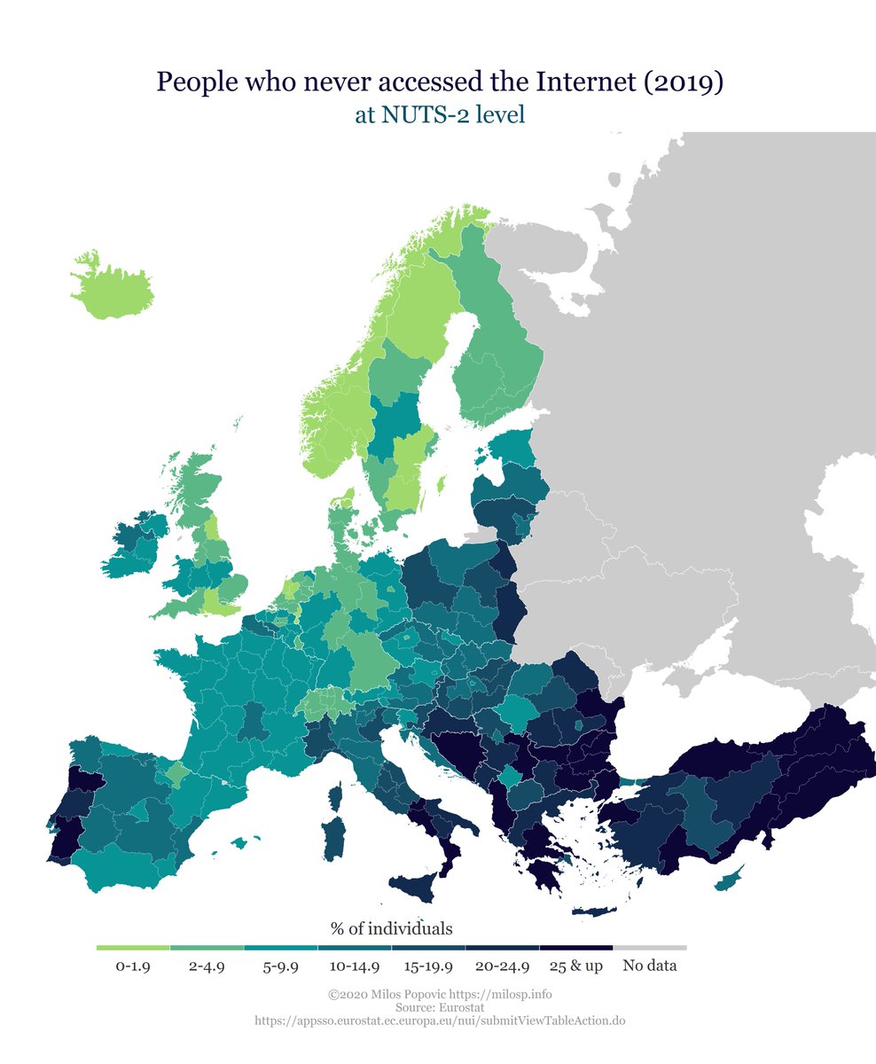 milos_gis's tweet photo. This is a Map Reading Week, and I mapped % of people in Europe who never accessed the Internet, let alone GoogleMaps 😁

#MapReadingWeek #maps #rstats #DataScience #dataviz #data #ddj https://t.co/W0Dhedu8vW