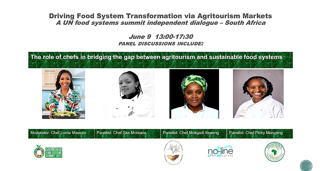 Join us on 09 June 2021 for the independent dialogue - Driving #FoodSystems transformation in South Africa via #agritourism markets &amp; the role of chefs in bridging the gap between agri-tourism &amp; sustainable food systems. Register on zoom.us/meeting/regist…
#UNFSS2021 #Act4Change